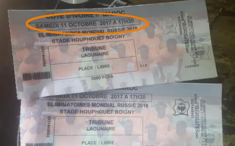 Insolite : la FIFA imprime des billets Côte d'Ivoire-Maroc daté du 11 octobre